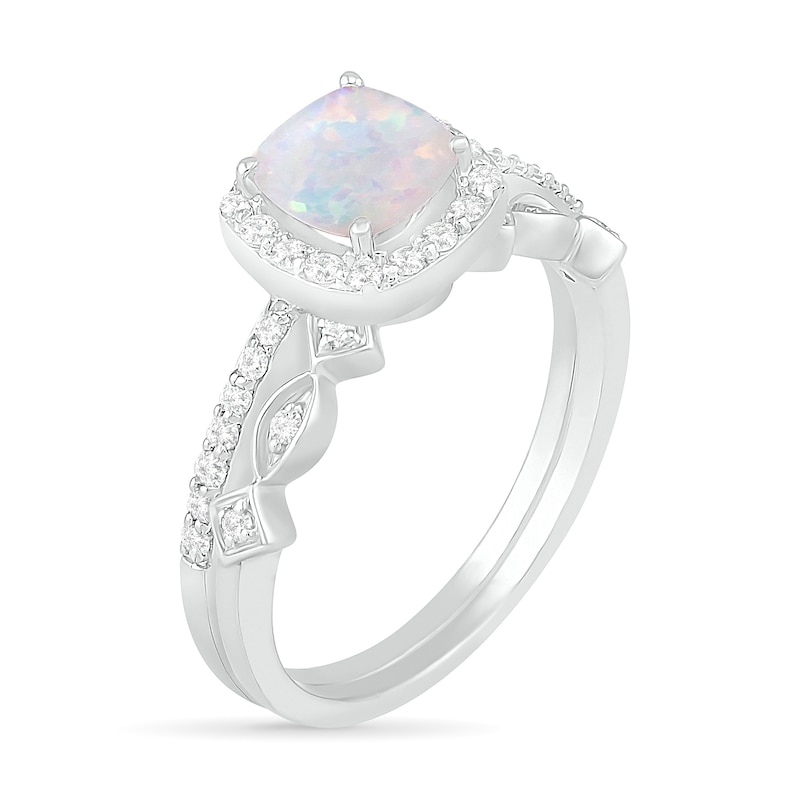 6.0mm Cushion-Cut Lab-Created Opal and 1/4 CT. T.W. Diamond Frame Art Deco Bridal Set in 10K White Gold