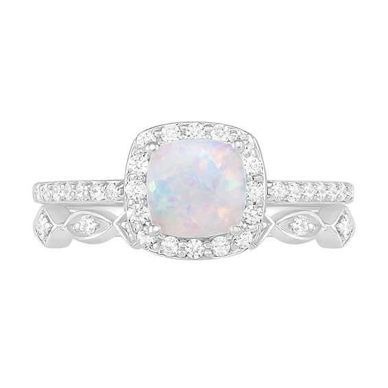 6.0mm Cushion-Shaped Lab-Created Opal and 1/4 CT. T.w. Diamond Frame Art Deco Bridal Set in 10K White Gold