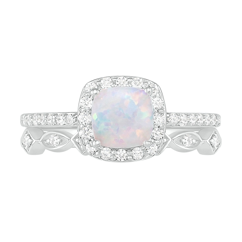 6.0mm Cushion-Cut Lab-Created Opal and 1/4 CT. T.W. Diamond Frame Art Deco Bridal Set in 10K White Gold