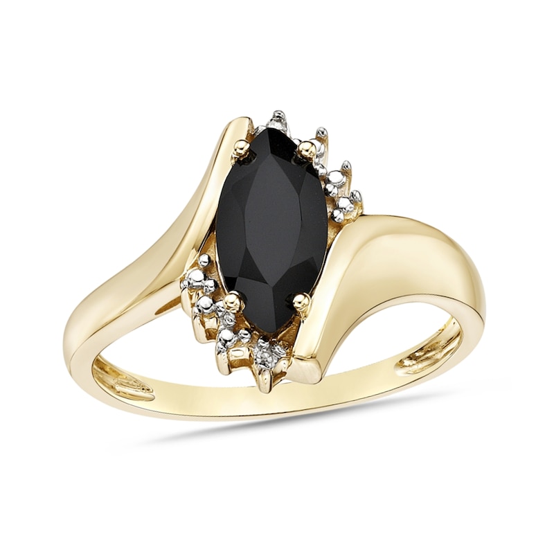 Marquise Black Onyx and Diamond Accent Beaded Starburst Border Bypass Ring in 10K Gold
