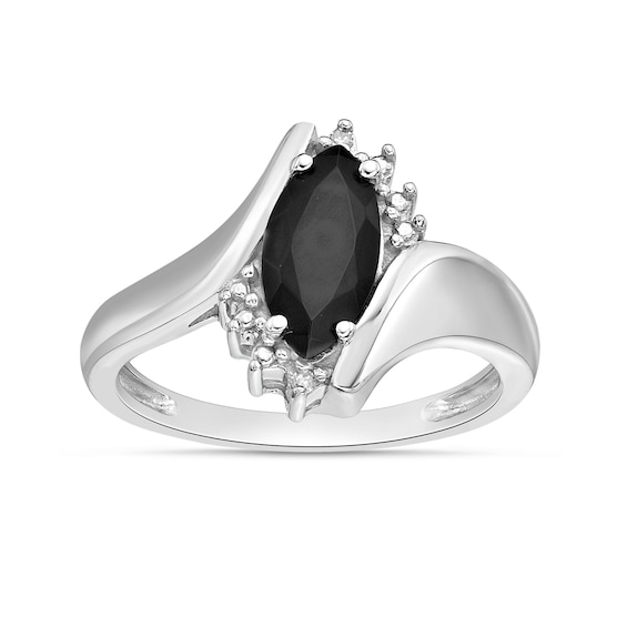 Marquise Black Onyx and Diamond Accent Beaded Starburst Border Bypass Ring in 10K Gold