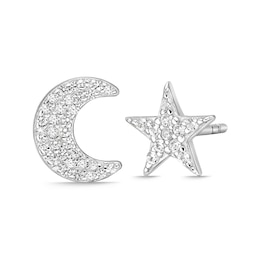 Lab-Created White Sapphire Crescent Moon and Star Mismatch Stud Earrings in Sterling Silver
