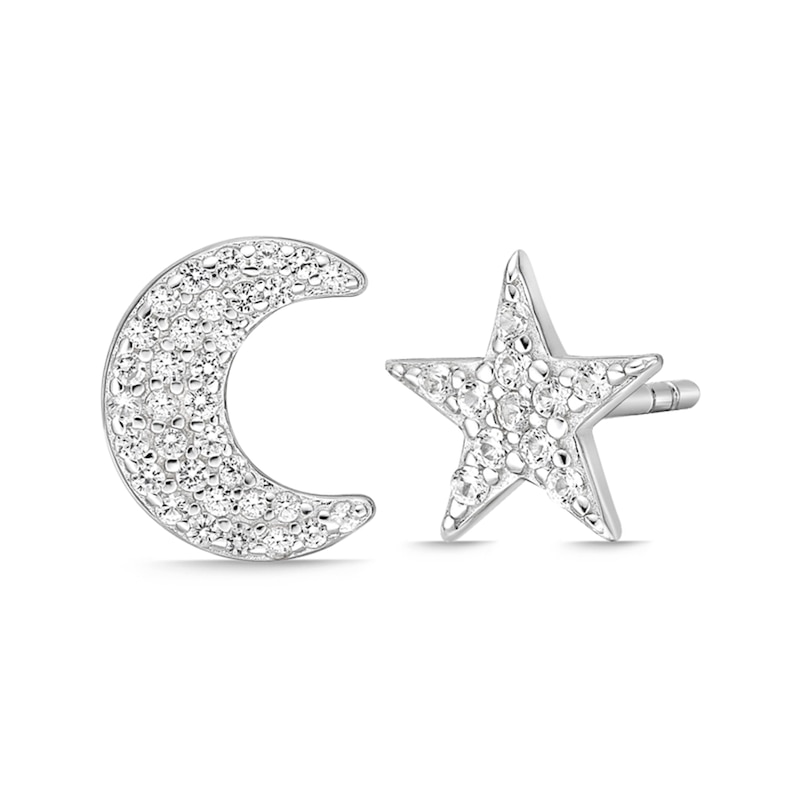 Main Image 1 of Lab-Created White Sapphire Crescent Moon and Star Mismatch Stud Earrings in Sterling Silver