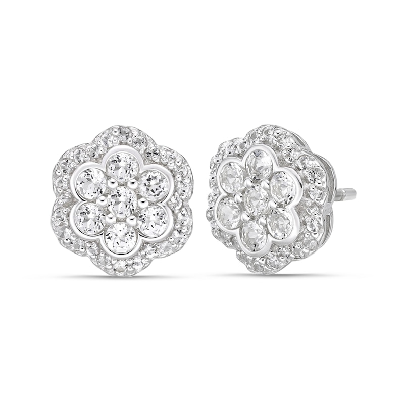 White Topaz Frame Flower Stud Earrings in Sterling Silver