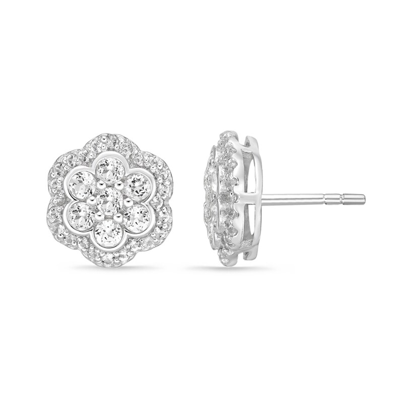 White Topaz Frame Flower Stud Earrings in Sterling Silver