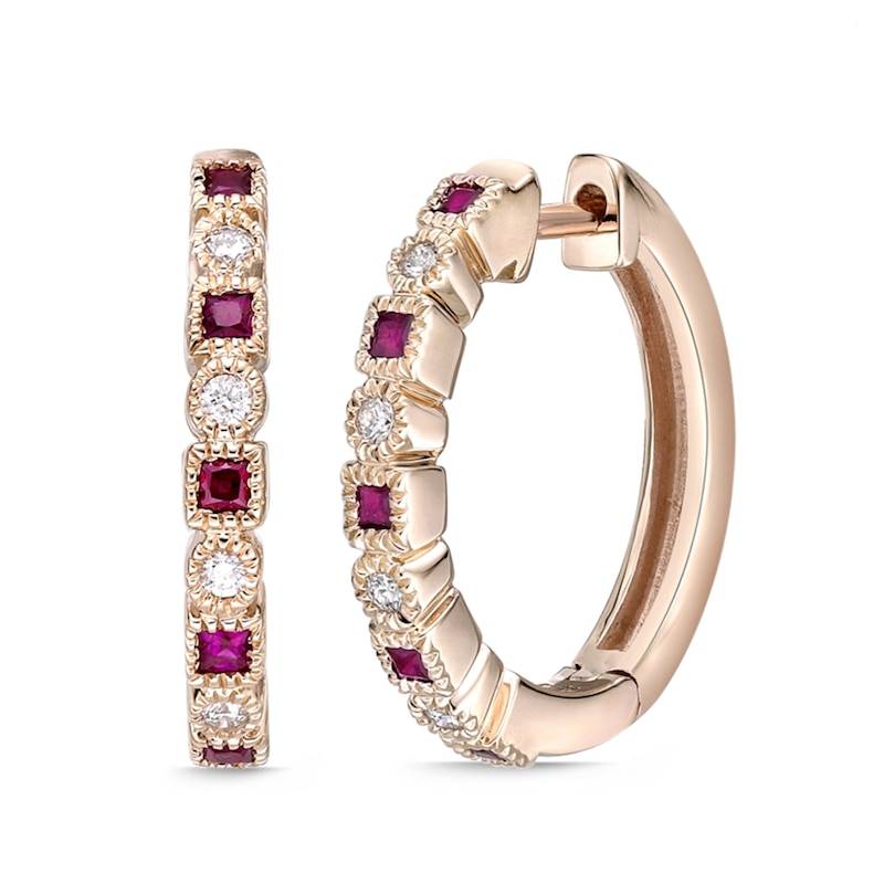 Princess-Cut Ruby and 1/15 CT. T.W. Diamond Alternating Vintage-Style Hoop Earrings in 10K Rose Gold