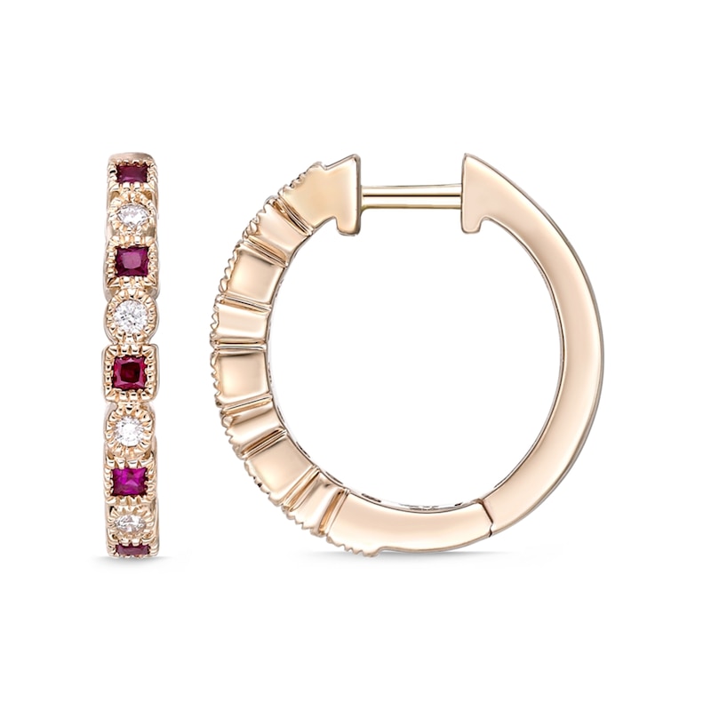 Princess-Cut Ruby and 1/15 CT. T.W. Diamond Alternating Vintage-Style Hoop Earrings in 10K Rose Gold