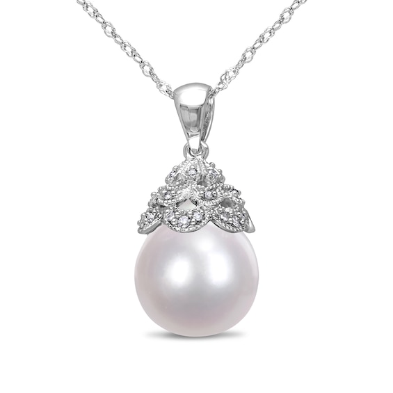 10.0-10.5mm Baroque Cultured South Sea Pearl and 1/20 CT. T.W. Diamond Vintage-Style Penda 10.0-10.5mm Baroque Cultured South Sea Pearl and 1/20 CT. T.W. Diamond Vintage-Style Pendant in 14K White Gold - 17"