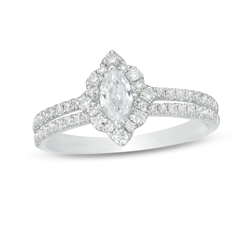 5/8 CT. T.W. Marquise Diamond Frame Split Shank Engagement Ring in 14K White Gold