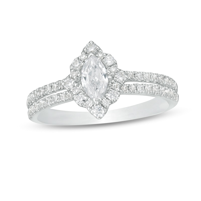 Main Image 1 of 5/8 CT. T.W. Marquise Diamond Frame Split Shank Engagement Ring in 14K White Gold