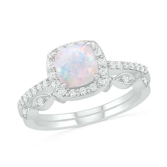 6.0mm Cushion-Shaped Lab-Created Opal and 1/4 CT. T.W. Diamond Frame Art Deco Bridal Set in 10K White Gold