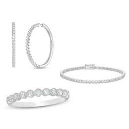 Lab-Created White Sapphire Vintage-Style Tennis Bracelet, Hoop Earrings and Ring Set in Sterling Silver  - Size 7