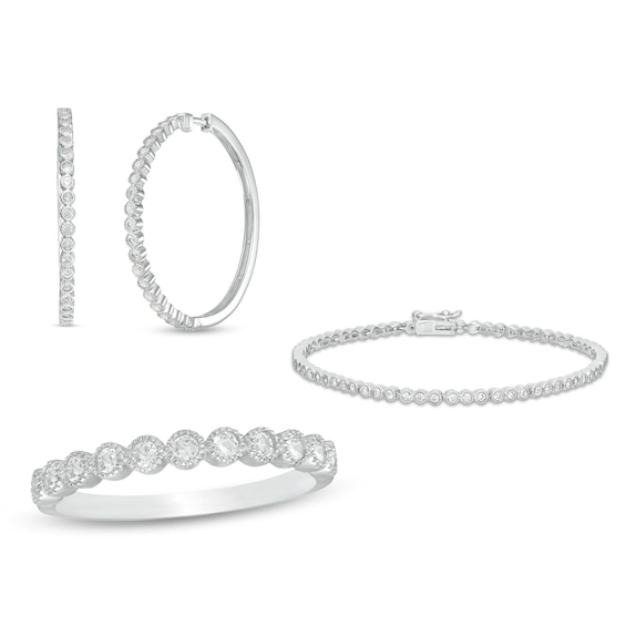 Lab-Created White Sapphire Vintage-Style Tennis Bracelet, Hoop Earrings and Ring Set in Sterling Silver - Size 7
