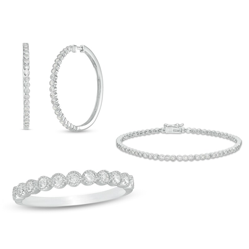 Main Image 1 of Lab-Created White Sapphire Vintage-Style Tennis Bracelet, Hoop Earrings and Ring Set in Sterling Silver  - Size 7