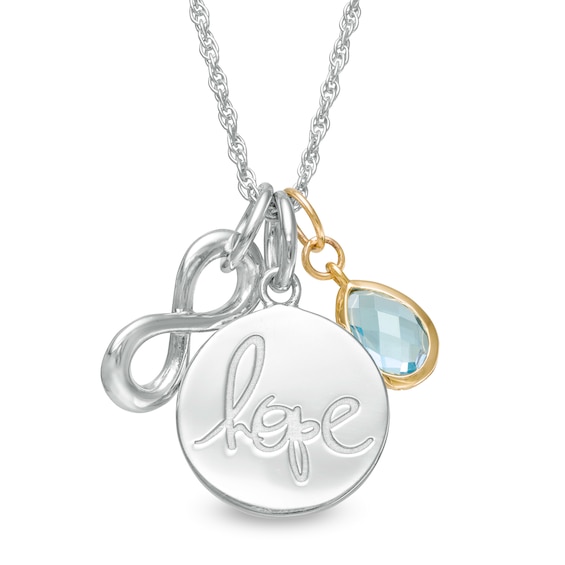 Pear-Shaped Swiss Blue Topaz, "Hope" Disc and Infinity Inspirational Charms Pendant in Sterling Silver and 10K Gold