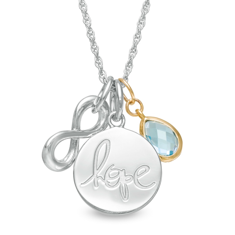 Main Image 1 of Pear-Shaped Swiss Blue Topaz, "HOPE" Disc and Infinity Inspirational Charms Pendant in Sterling Silver and 10K Gold