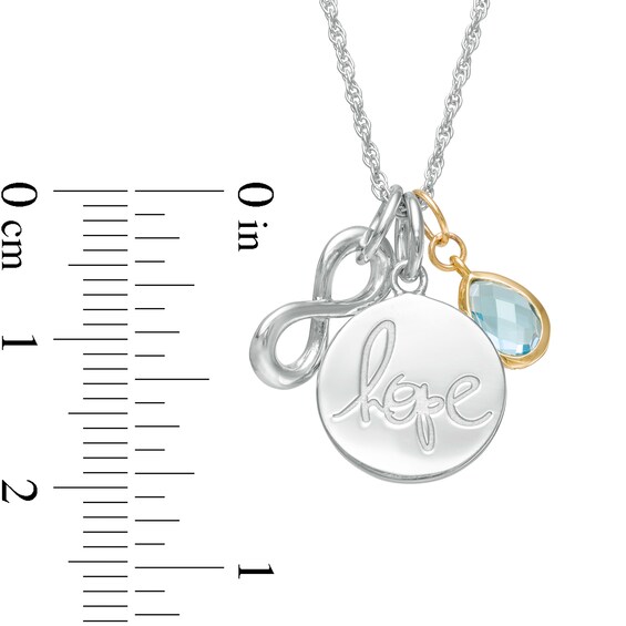 Pear-Shaped Swiss Blue Topaz, "Hope" Disc and Infinity Inspirational Charms Pendant in Sterling Silver and 10K Gold