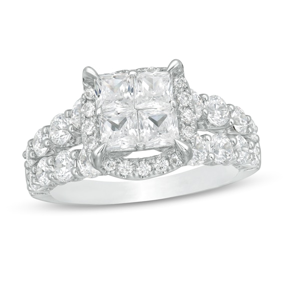 3 CT. T.w. Princess-Cut Quad Diamond Frame Split Shank Engagement Ring in 14K White Gold