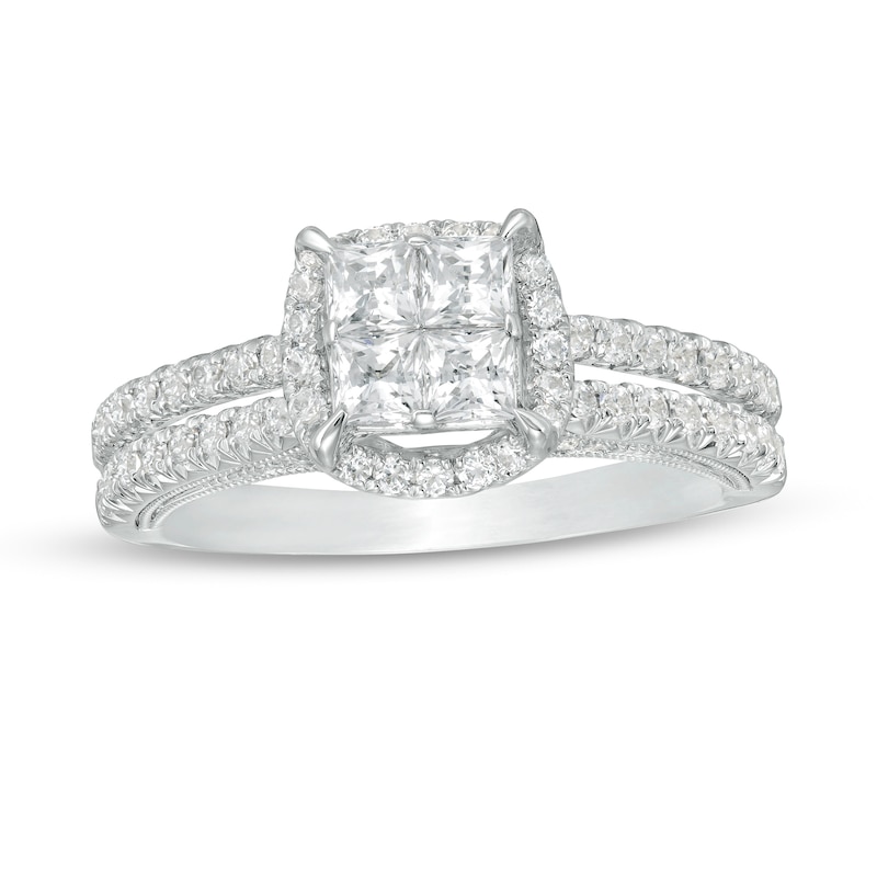 1 CT. T.W. Princess-Cut Quad Diamond Frame Vintage-Style Engagement Ring in 14K White Gold