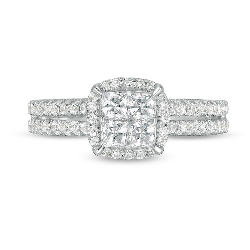 Main Image 4 of 1 CT. T.W. Princess-Cut Quad Diamond Frame Vintage-Style Engagement Ring in 14K White Gold