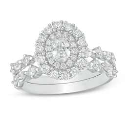 1-1/2 CT. T.W. Certified Oval Diamond Double Frame Bridal Set in 14K White Gold (I/SI2)