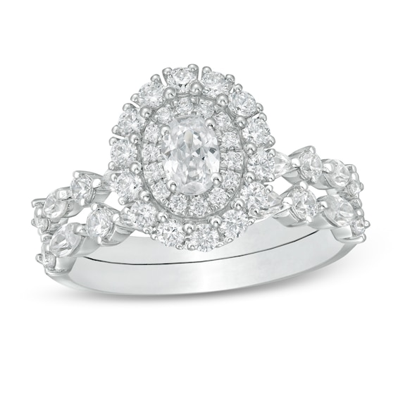 1-1/2 CT. T.w. Certified Oval Diamond Double Frame Bridal Set in 14K White Gold (I/Si2)