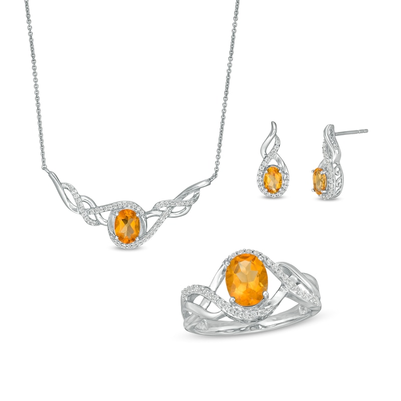 Main Image 1 of Oval Citrine and White Topaz Twist Frame Necklace, Drop Earrings and Ring in Sterling Silver - Size 7