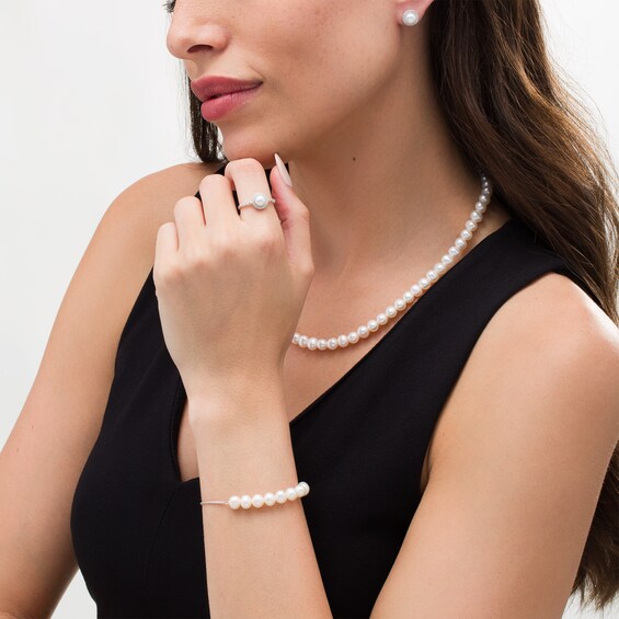 Freshwater Cultured Pearl and Lab-Created White Sapphire Necklace, Bracelet, Earrings and Ring Set in Sterling Silver