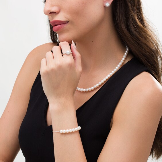 Cultured Freshwater Pearl and Lab-Created White Sapphire Necklace, Bracelet, Earrings and Ring Set in Sterling Silver