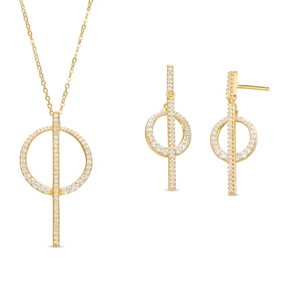 Lab-Created White Sapphire Bar and Circle Necklace and Drop Earrings Set in Sterling Silver with 18K Gold Plate