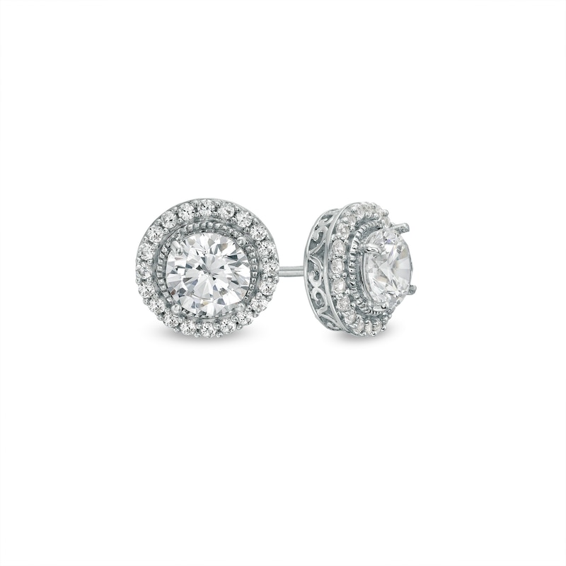Main Image 1 of White Lab-Created Sapphire Frame Vintage-Style Stud Earrings in Sterling Silver