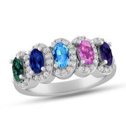 Mother's Oval Birthstone and Lab-Created White Sapphire Frame Ring (5 Stones)