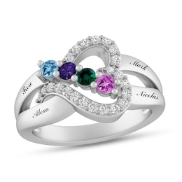 Birthstone and Lab-Created White Sapphire Sideways Heart Engravable Ring (2-4 Stones and Lines)