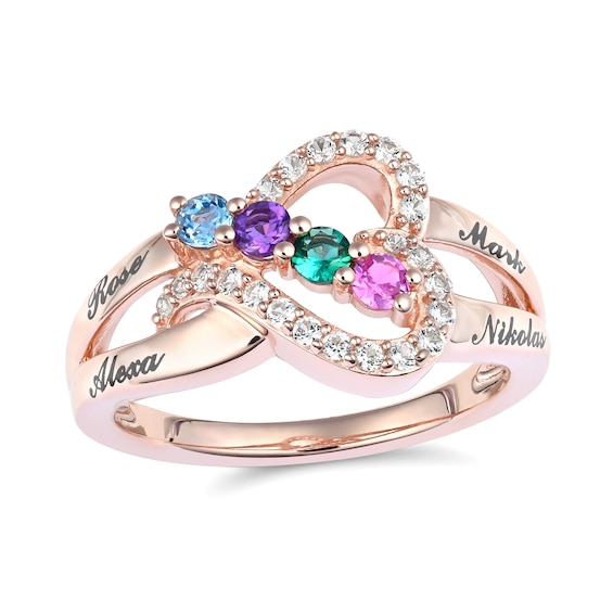 Birthstone and Lab-Created White Sapphire Sideways Heart Engravable Ring (2-4 Stones and Lines)