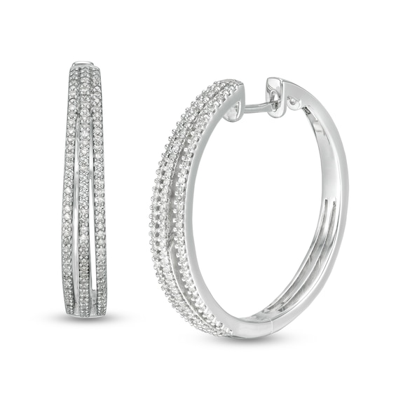 1/2 CT. T.w. Diamond Split Triple Row Hoop Earrings in Sterling Silver