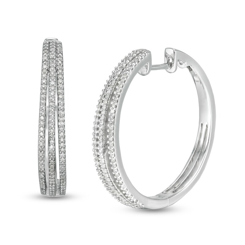 Main Image 1 of 1/2 CT. T.W. Diamond Split Triple Row Hoop Earrings in Sterling Silver
