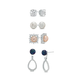 Button Multi-Color Cultured Freshwater Pearl and Lab-Created White Sapphire Earrings and Jacket Set in Sterling Silver