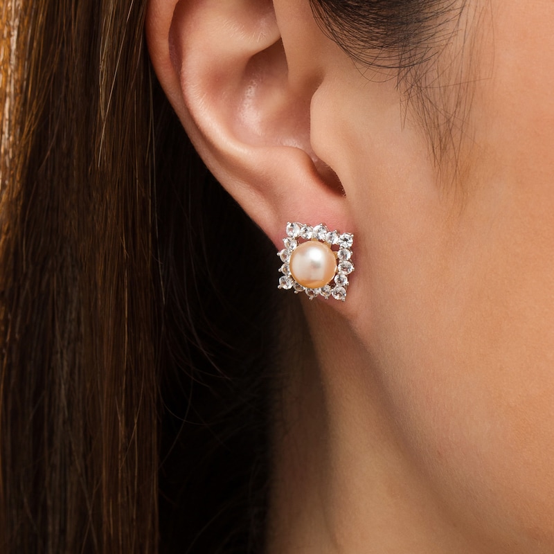 Button Multi-Color Cultured Freshwater Pearl and Lab-Created White Sapphire Earrings and Jacket Set in Sterling Silver