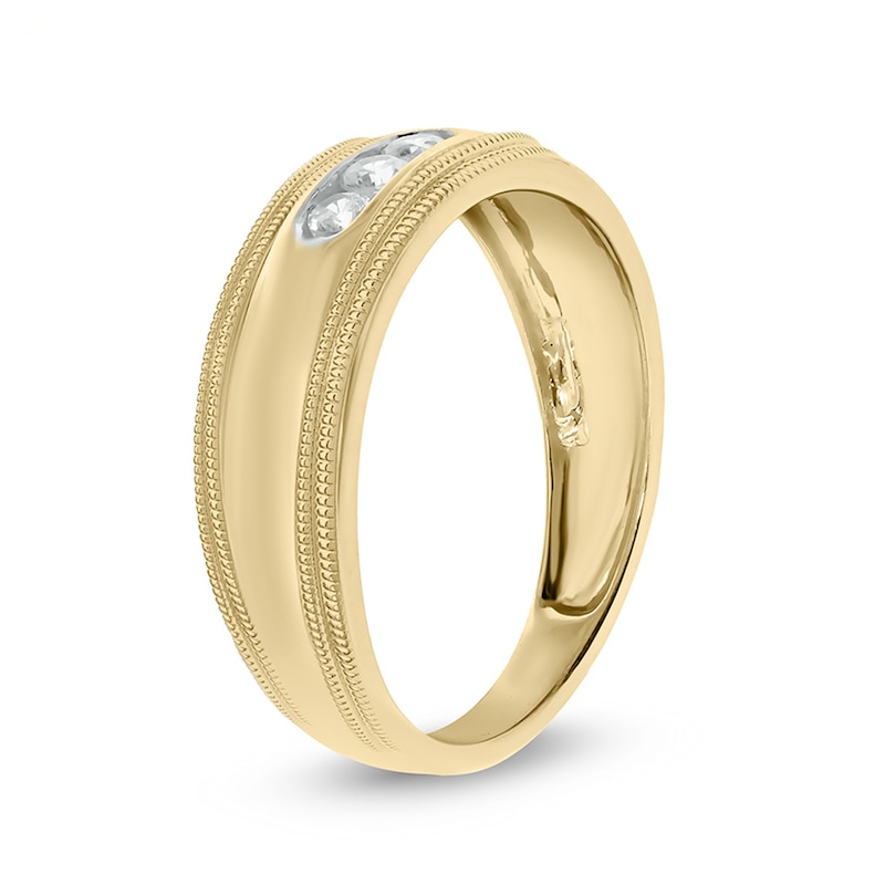 Main Image 2 of 1/5 CT. T.W. Diamond Three Stone Milgrain Wedding Band in 10K Gold