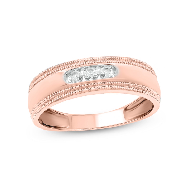 Men's 1/5 CT. T.W. Diamond Three Stone Milgrain Wedding Band in 10K Rose Gold