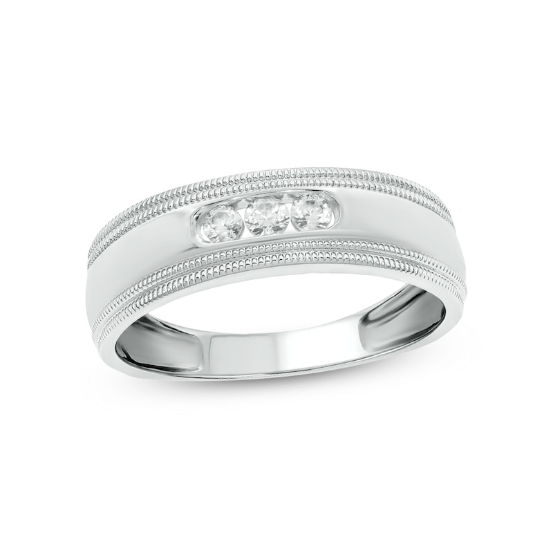 Main Image 1 of 1/5 CT. T.W. Diamond Three Stone Milgrain Wedding Band in 14K White Gold