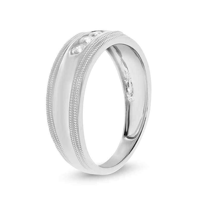 Main Image 2 of 1/5 CT. T.W. Diamond Three Stone Milgrain Wedding Band in 14K White Gold