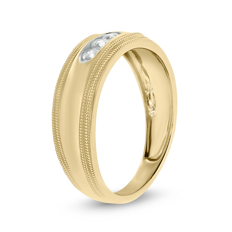 Main Image 2 of 1/5 CT. T.W. Diamond Three Stone Milgrain Wedding Band in 14K Gold