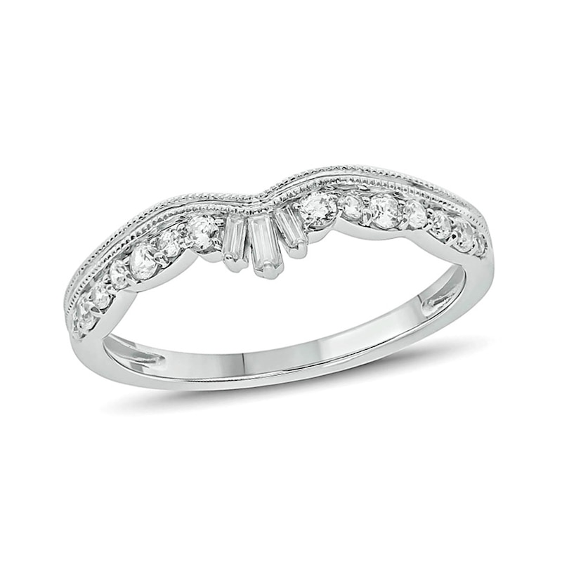Main Image 1 of 1/4 CT. T.W. Baguette and Round Diamond Vintage-Style Contour Wedding Band in 10K White Gold