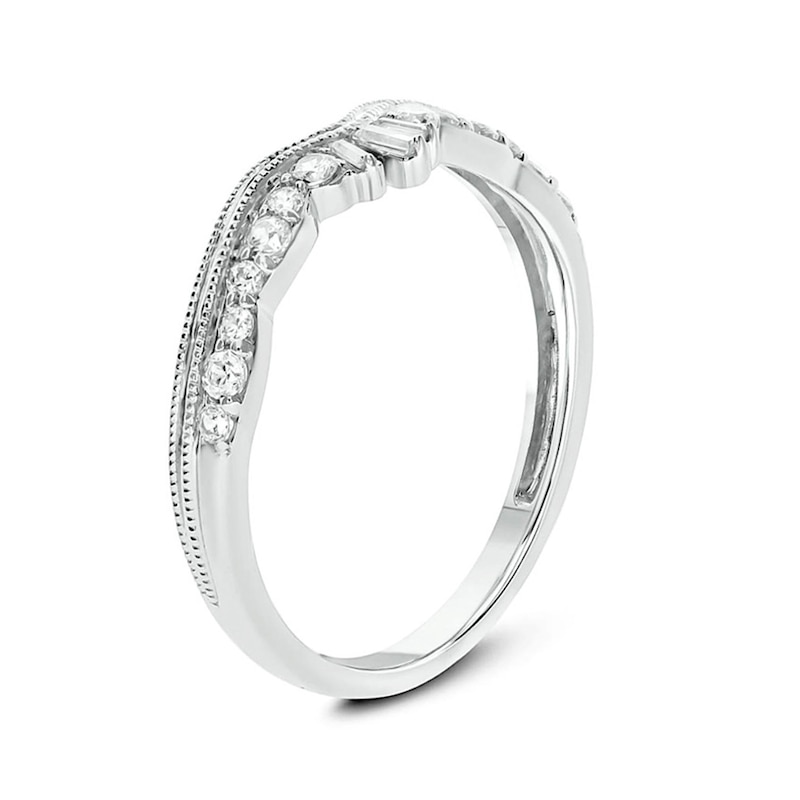 Main Image 2 of 1/4 CT. T.W. Baguette and Round Diamond Vintage-Style Contour Wedding Band in 10K White Gold