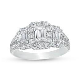 2 CT. T.W. Certified Emerald-Cut Diamond Past Present Future® Split Shank Engagement Ring in 14K White Gold (I/SI2)