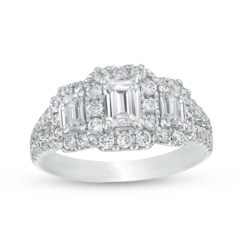 2 CT. T.W. Certified Emerald-Cut Diamond Past Present Future® Split Shank Engagement Ring in 14K White Gold (I/SI2)