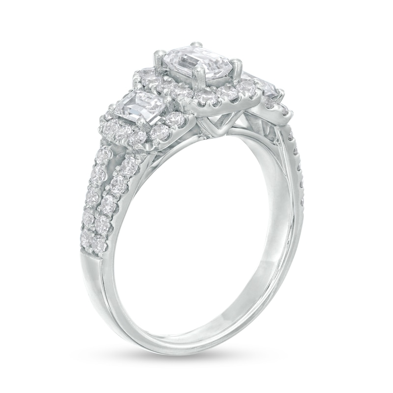 2 CT. T.W. Certified Emerald-Cut Diamond Past Present Future® Split Shank Engagement Ring in 14K White Gold (I/SI2)