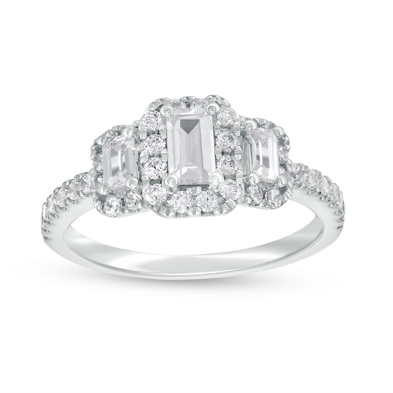 1 CT. T.W. Certified Emerald-Cut Diamond Frame Past Present Future® Engagement Ring in 14K White Gold (I/SI2)
