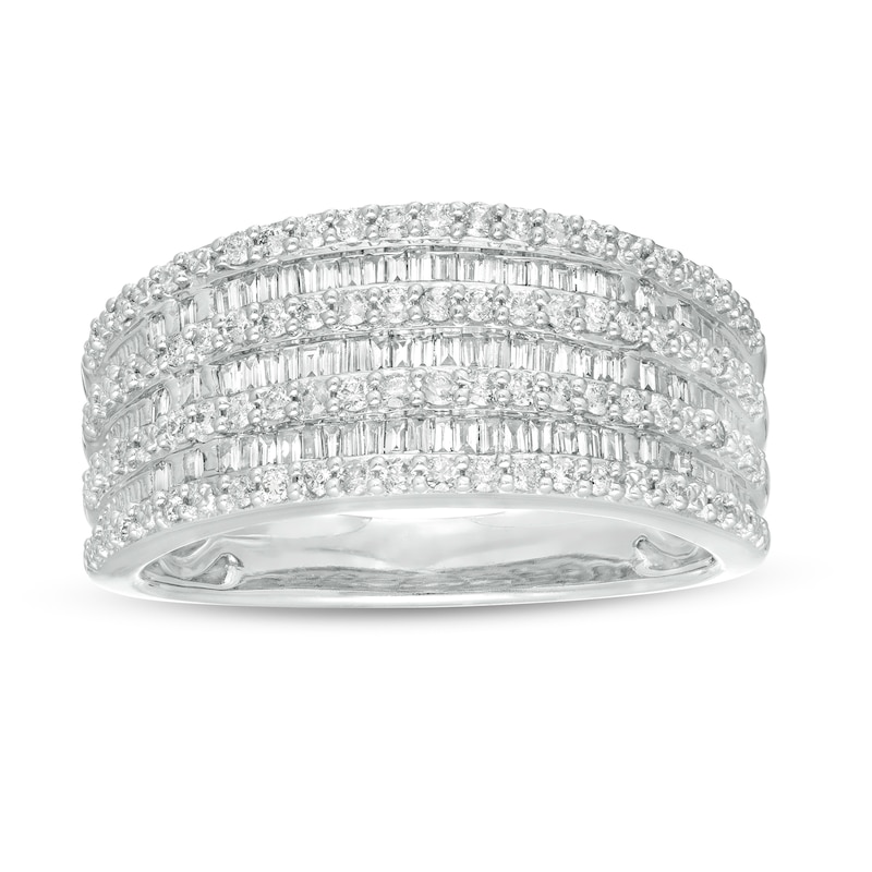Main Image 1 of 1/2 CT. T.W. Baguette and Round Diamond Alternating Multi-Row Ring in 10K White Gold